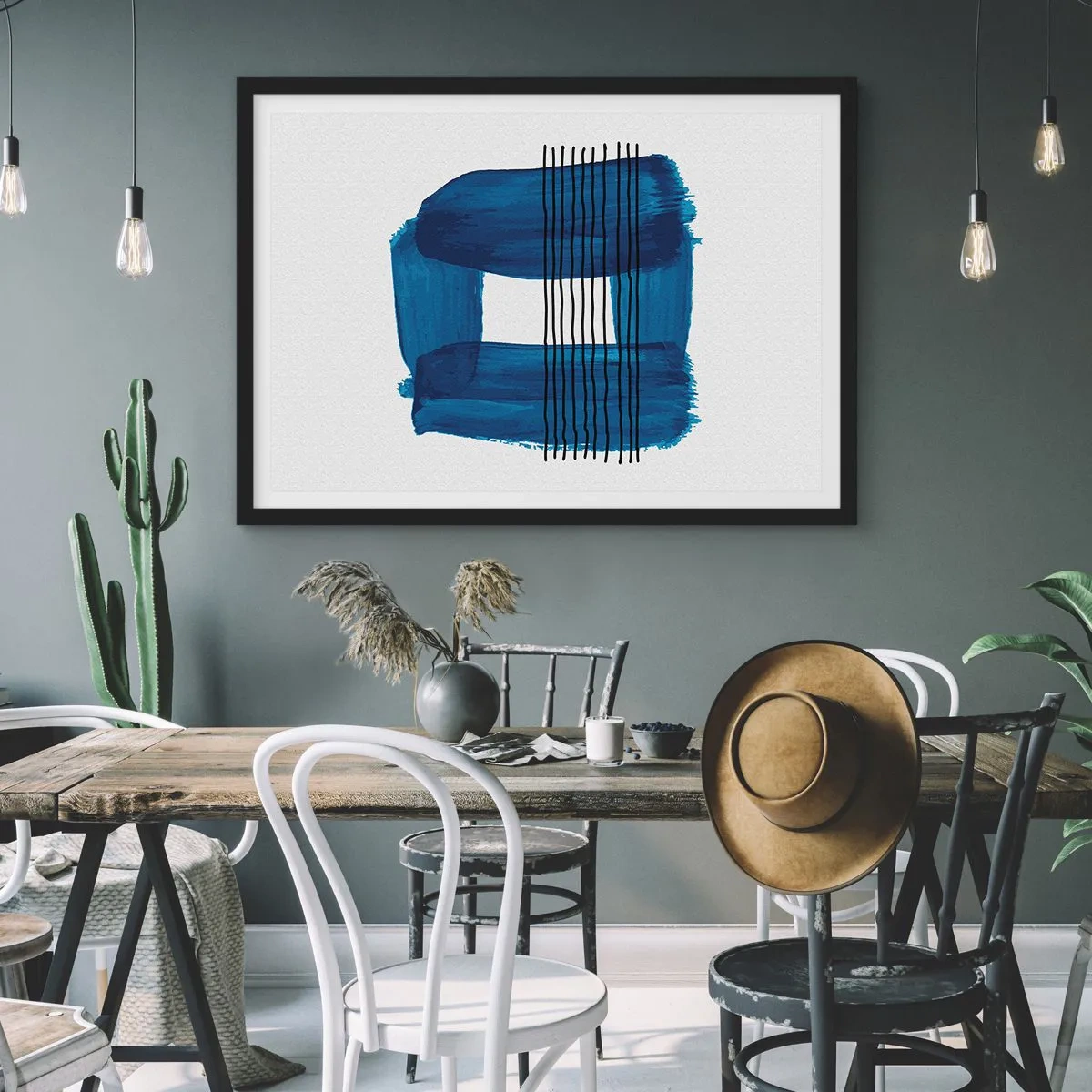 Pôster com moldura preta - Composição azul-negra - 70x50 cm