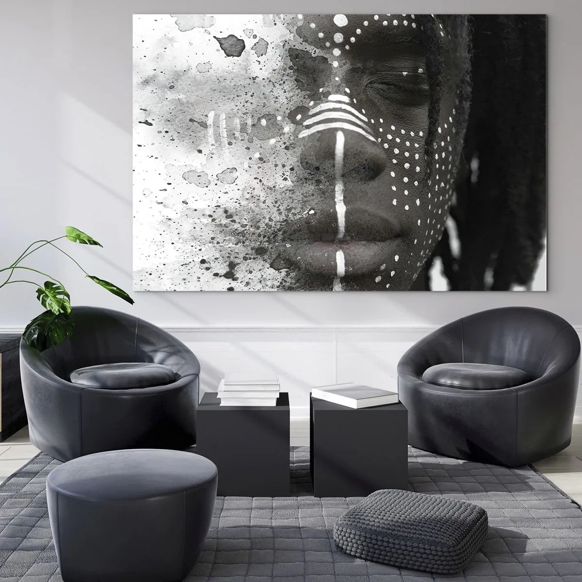 Quadro em vidro - Retrato com padrões étnicos em preto e branco com efeito aquarela - 70x50cm - Descubra o espírito primordial - Decoração de parede moderna para a sala de estar e quarto ARTTOR