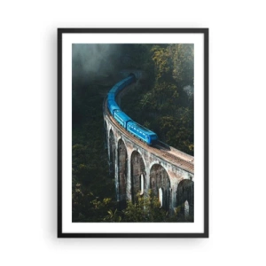Pôster com moldura preta - Um trem azul passando por um viaduto pitoresco - 50x70cm - Comboio para a natureza - Decoração de parede moderna para a sala de estar e quarto ARTTOR