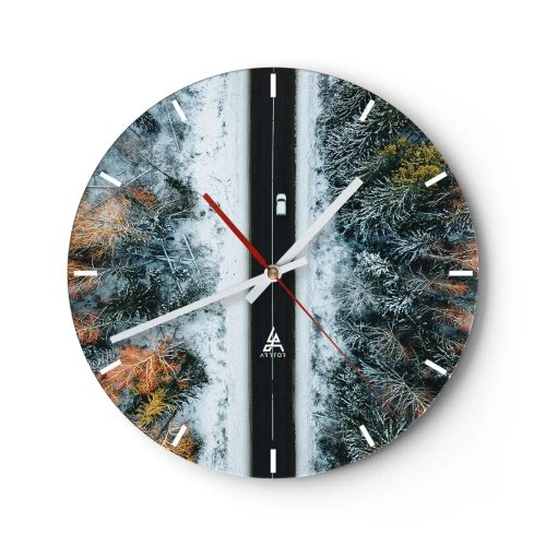 Relógio de parede - Relógio em vidro - Uma estrada florestal no inverno vista de um pássaro com um carro passando - 30x30cm - Cortar a floresta no inverno - Decoração de parede moderna para a sala de estar, cozinha e quarto ARTTOR