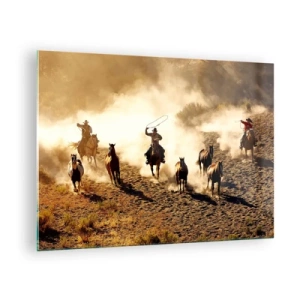 Quadro em vidro - Cowboys a cavalo na poeira de um rodeio - 70x50cm - Oeste verdadeiramente selvagem - Decoração de parede moderna para a sala de estar e quarto ARTTOR