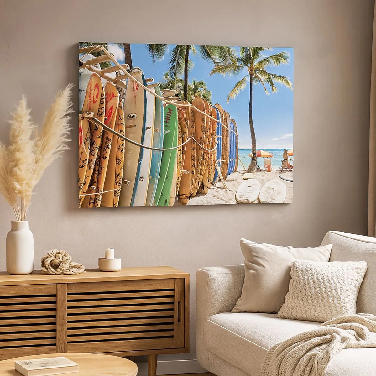 Quadro em tela - Pranchas de surfe em uma praia com palmeiras - 70x50cm - Diversão ensolarada - Decoração de parede moderna para a sala de estar e quarto ARTTOR