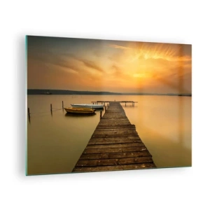 Quadro em vidro - Píer no lago ao pôr do sol com um barco - 70x50cm - Abrirei o céu dourado para vós - Decoração de parede moderna para a sala de estar e quarto ARTTOR