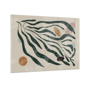 Quadro em vidro - Formas orgânicas em verde sobre fundo bege - 70x50cm - Entre a vegetação - Decoração de parede moderna para a sala de estar e quarto ARTTOR