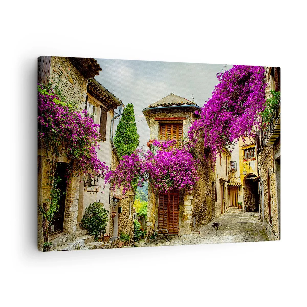 Quadro em tela - Uma rua de pedra com flores e casas cor-de-rosa - 70x50cm - Sob um dossel de flores - Decoração de parede moderna para a sala de estar e quarto ARTTOR