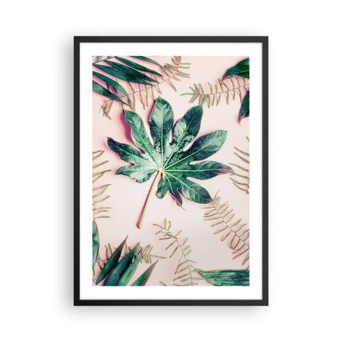 Pôster com moldura preta - Folhas em vários tons de verde sobre fundo rosa - 50x70cm - Estudo do verde em um fundo rosa - Decoração de parede moderna para a sala de estar e quarto ARTTOR