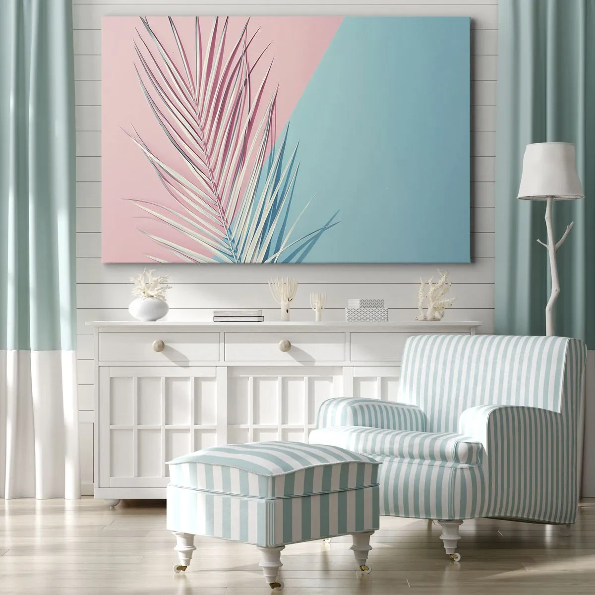 Quadro em tela - Folha tropical sobre um fundo de tons pastéis de rosa e azul - 70x50cm - Impressão tropical - Decoração de parede moderna para a sala de estar e quarto ARTTOR