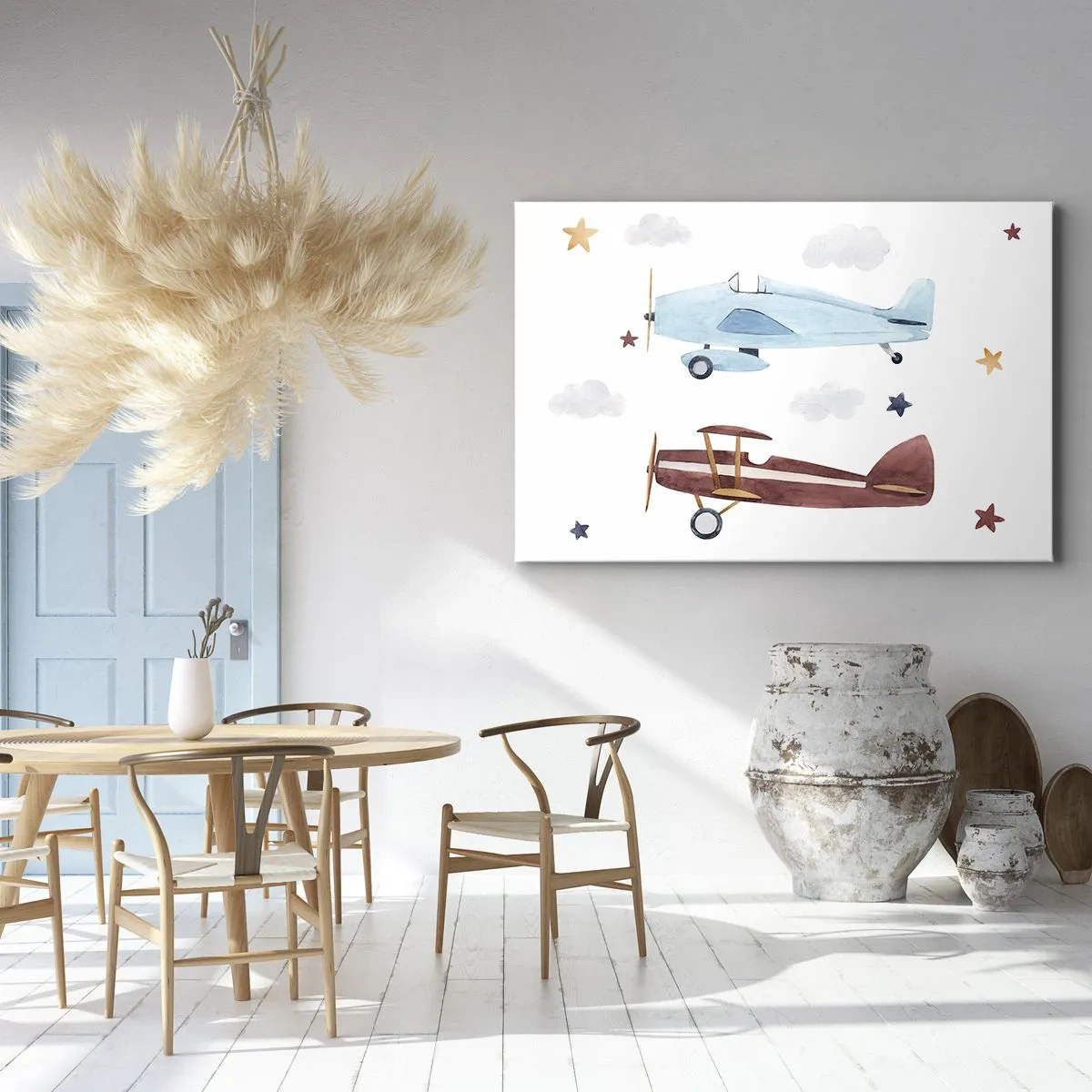 Quadro em tela - Aviões pintados à mão contra um fundo de nuvens e estrelas - 70x50cm - Sr. Piloto, estamos a aguardar! - Decoração de parede moderna para a sala de estar e quarto ARTTOR
