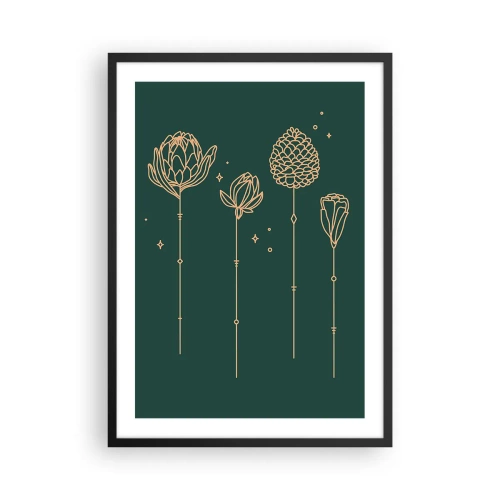 Pôster com moldura preta - Contornos dourados de flores sobre fundo verde escuro - 50x70cm - A família RAMOS - Decoração de parede moderna para a sala de estar e quarto ARTTOR