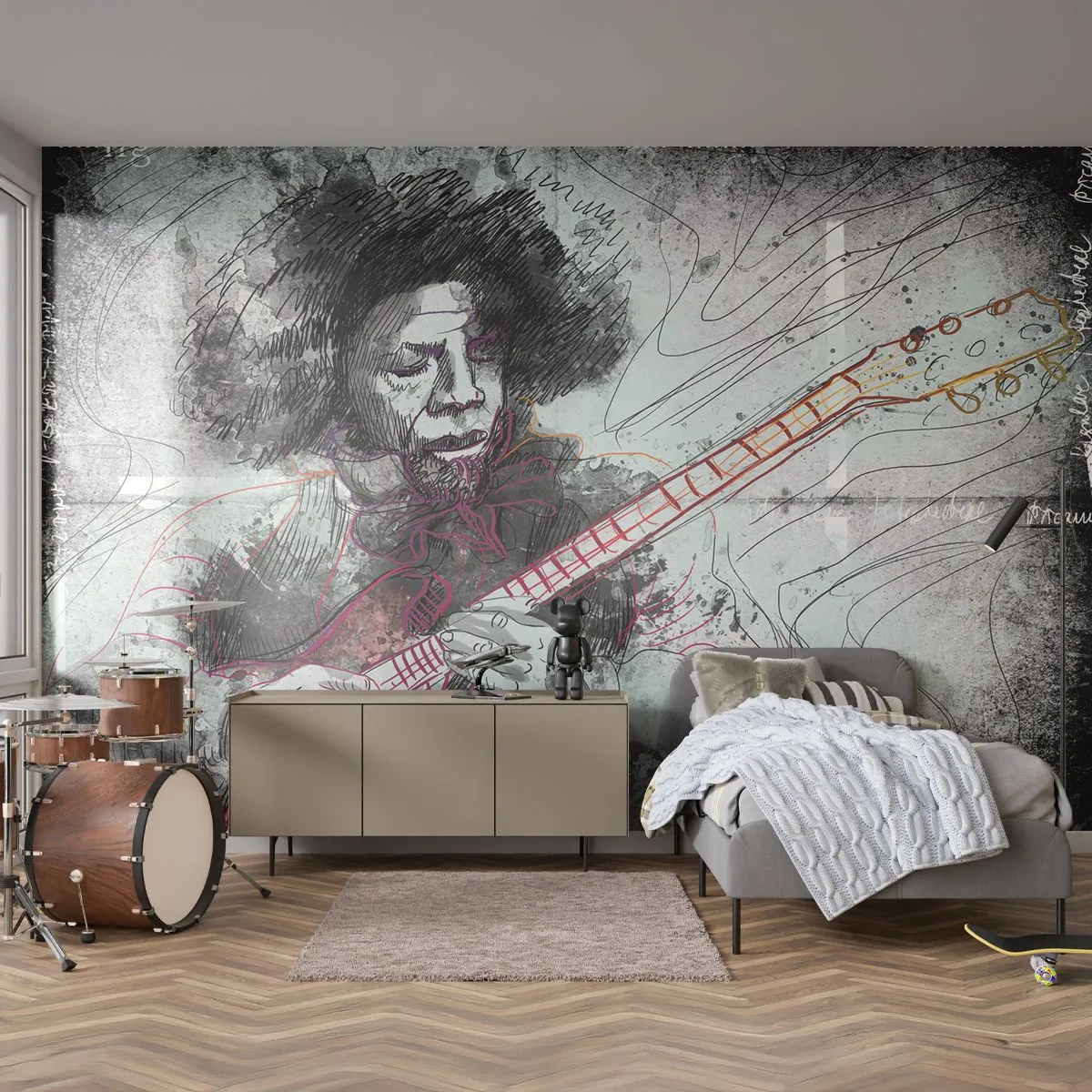 Papel de Parede Autocolante Deluxe Sticker - Nas ondas da música - Música, Guitarrista, Instrumento - 250x175 cm