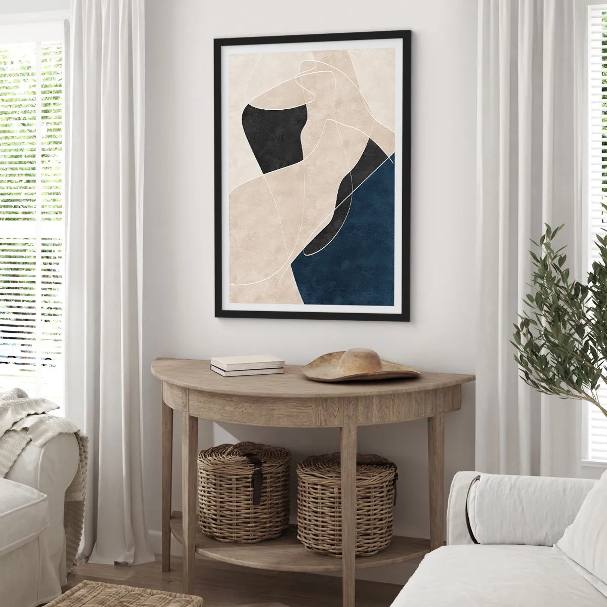 Pôster com moldura preta - Abstração geométrica em tons de bege, preto e azul marinho - 50x70cm - Composição abstrata – contraste de cores - Decoração de parede moderna para a sala de estar e quarto ARTTOR