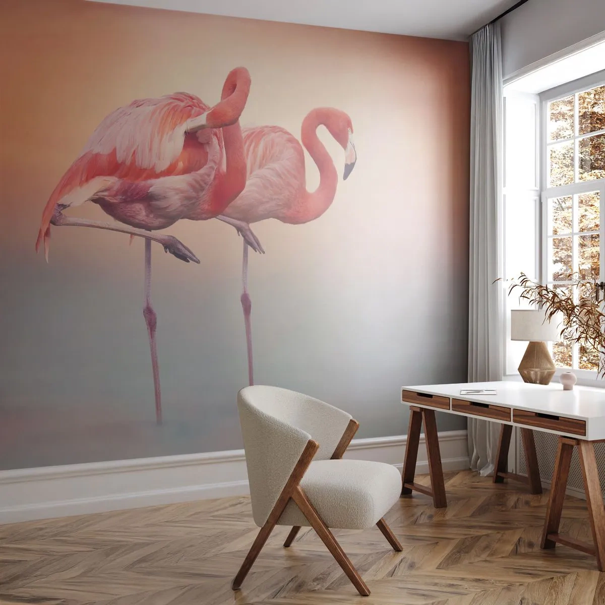 Papel de Parede Premium Sand - Na cor do sol poente - Flamingos, Pássaros, Natureza - 100x70 cm