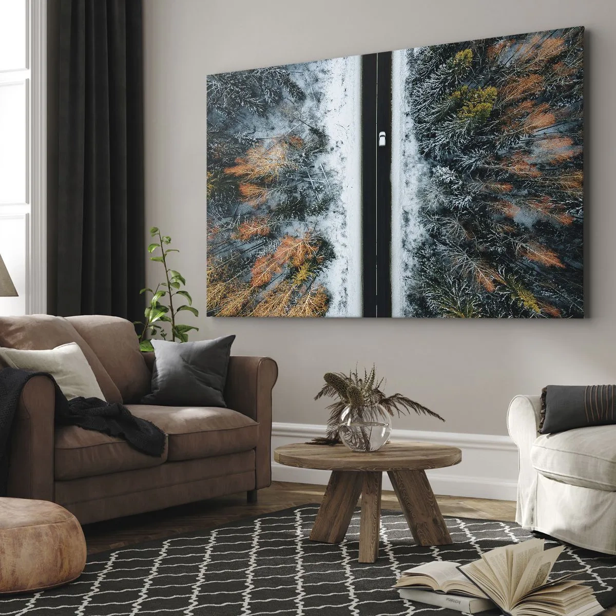 Quadro em tela - Uma estrada através de uma floresta de inverno vista de um pássaro - 70x50cm - Cortar a floresta no inverno - Decoração de parede moderna para a sala de estar e quarto ARTTOR