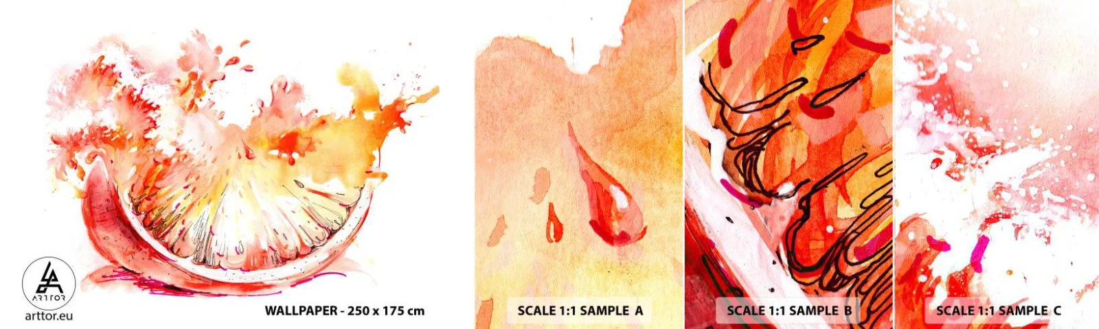 Amostra de papel de parede autocolante Deluxe Sticker - Refresco suculento - Abstração, Laranja, Gráficos - 100x30 cm