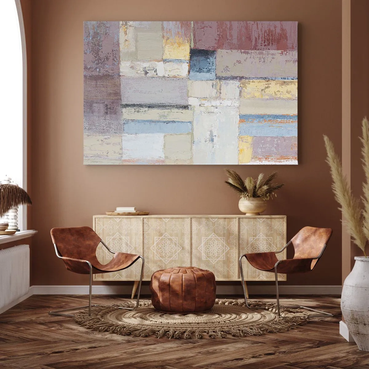 Quadro em tela - Composição geométrica em tons pastéis - 70x50cm - A paz da geometria - Decoração de parede moderna para a sala de estar e quarto ARTTOR