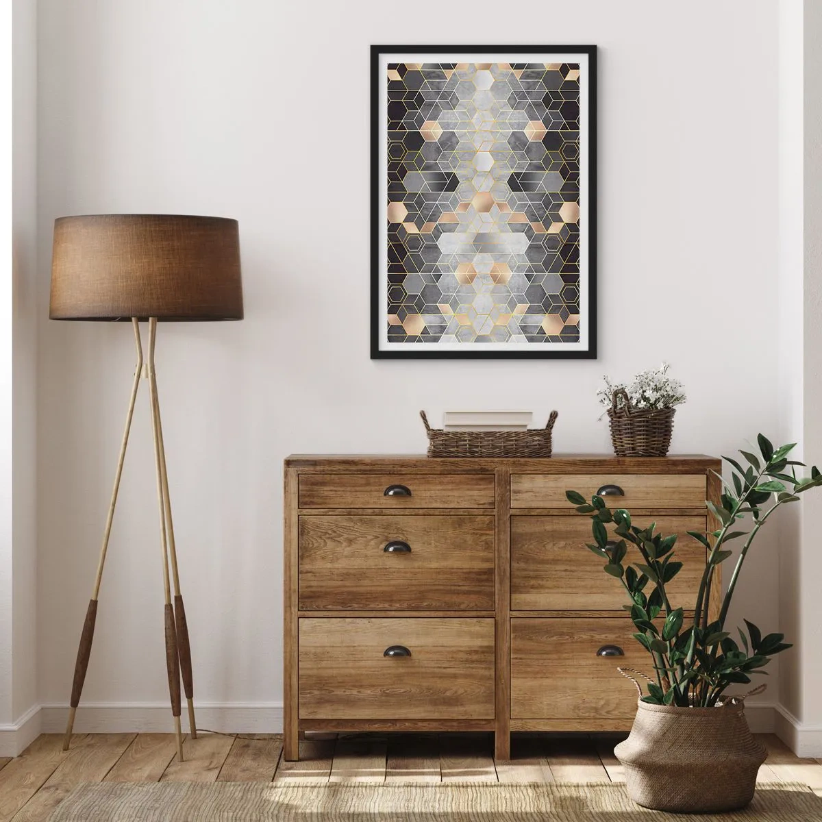 Pôster com moldura preta - Padrão geométrico hexagonal em tons de dourado e cinza - 50x70cm - Composição do diamante - Decoração de parede moderna para a sala de estar e quarto ARTTOR