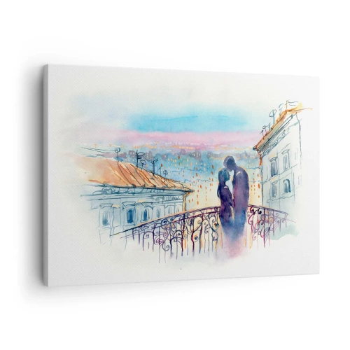 Quadro em tela - Casal romântico em uma varanda com vista para a cidade - 70x50cm - Amantes parisienses - Decoração de parede moderna para a sala de estar e quarto ARTTOR