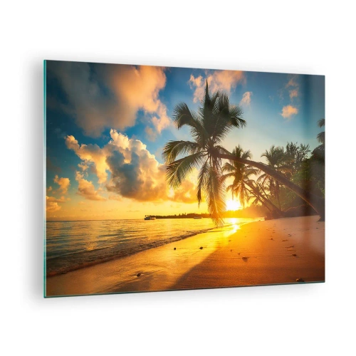Quadro em vidro - Praia tropical com palmeiras ao pôr do sol - 70x50cm - Um sonho caribenho - Decoração de parede moderna para a sala de estar e quarto ARTTOR