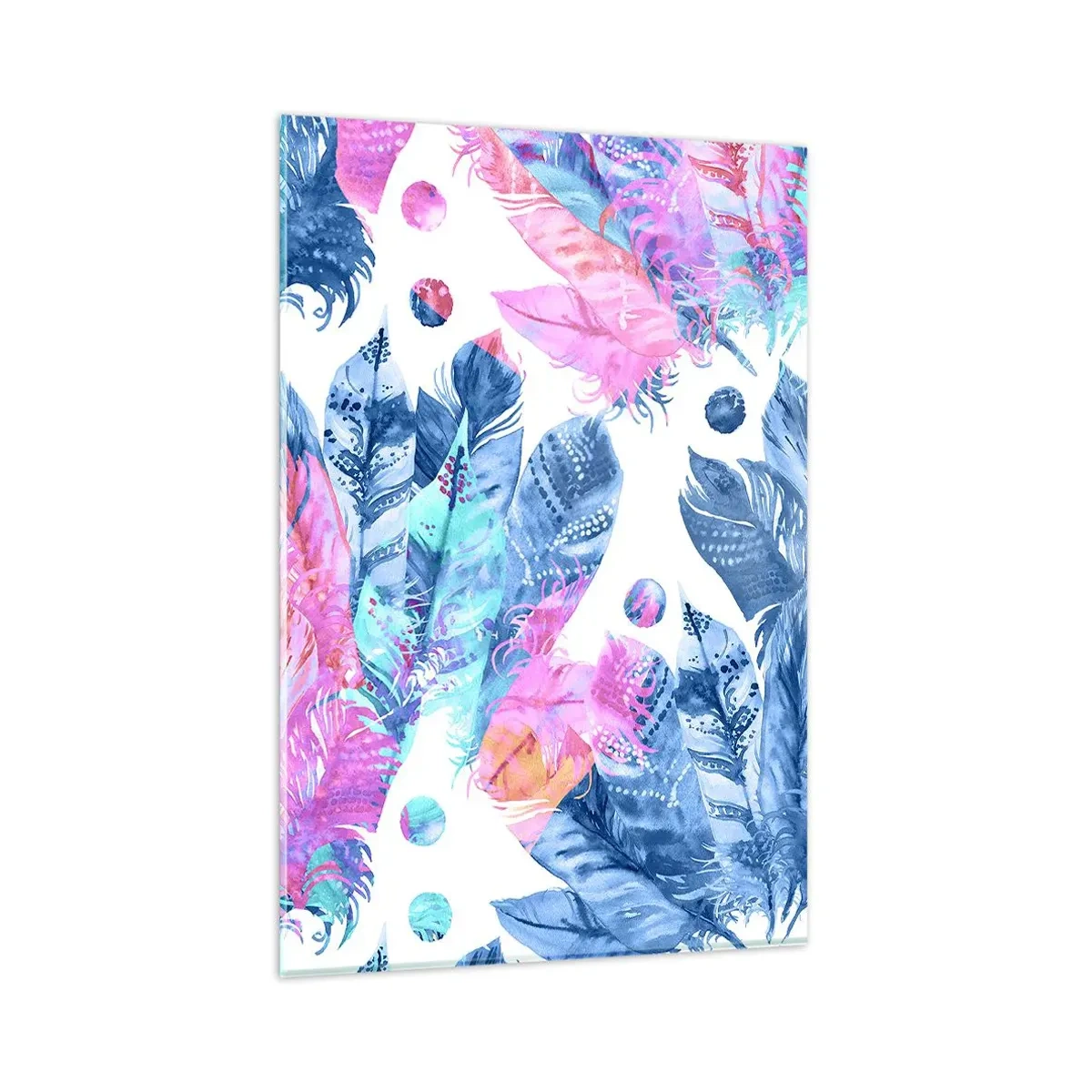 Quadro em vidro - Plumas em rosa e azul - 80x120 cm