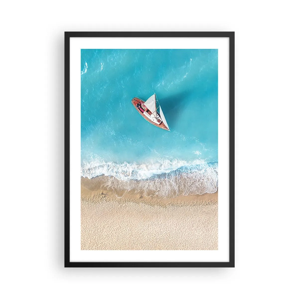 Pôster com moldura preta - Um iate contra o mar azul na costa - 50x70cm - No limite do azul e do ouro - Decoração de parede moderna para a sala de estar e quarto ARTTOR