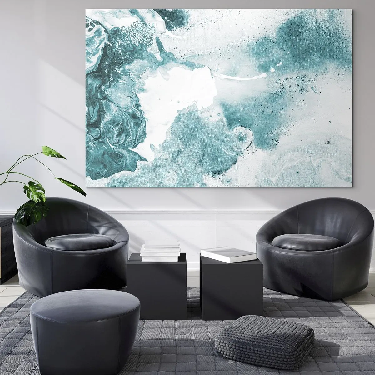 Quadro em vidro - Piscinas abstratas de azul em um fundo de vidro - 70x50cm - Inundado em azul - Decoração de parede moderna para a sala de estar e quarto ARTTOR