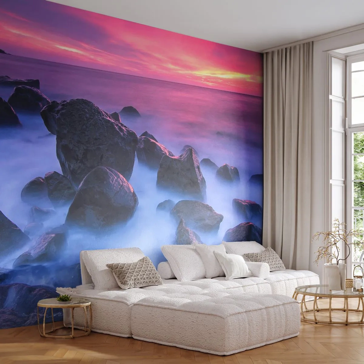 Papel de Parede Autocolante Deluxe Sticker - Nascimento em brilho e nevoeiro - Paisagem, oceano, Pôr do sol - 250x175 cm