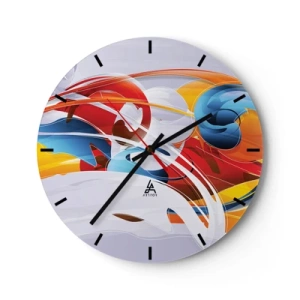 Relógio de parede - Relógio em vidro - Formas abstratas em cores dinâmicas vermelho, azul e amarelo - 30x30cm - A dança dos elementos da natureza - Decoração de parede moderna para a sala de estar, cozinha e quarto ARTTOR