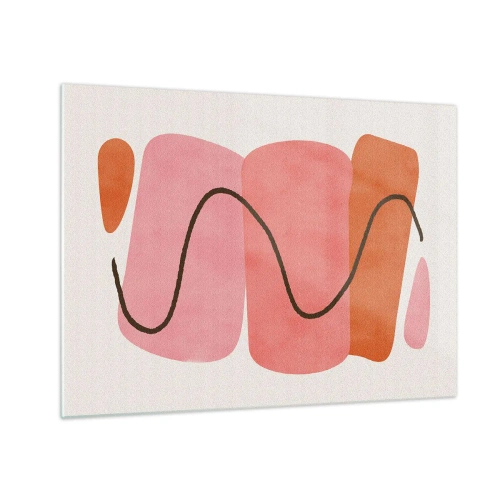 Quadro em vidro - Formas abstratas em rosa e laranja com uma linha preta - 70x50cm - Movimento suave de formas - Decoração de parede moderna para a sala de estar e quarto ARTTOR