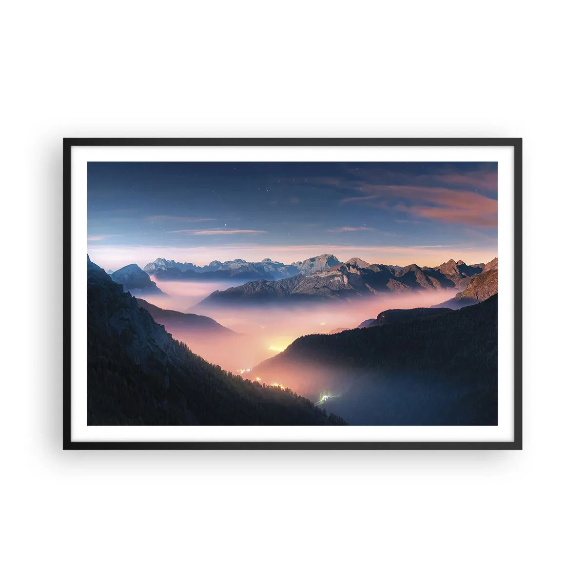 Pôster com moldura preta - Luz nos vales - 91x61 cm