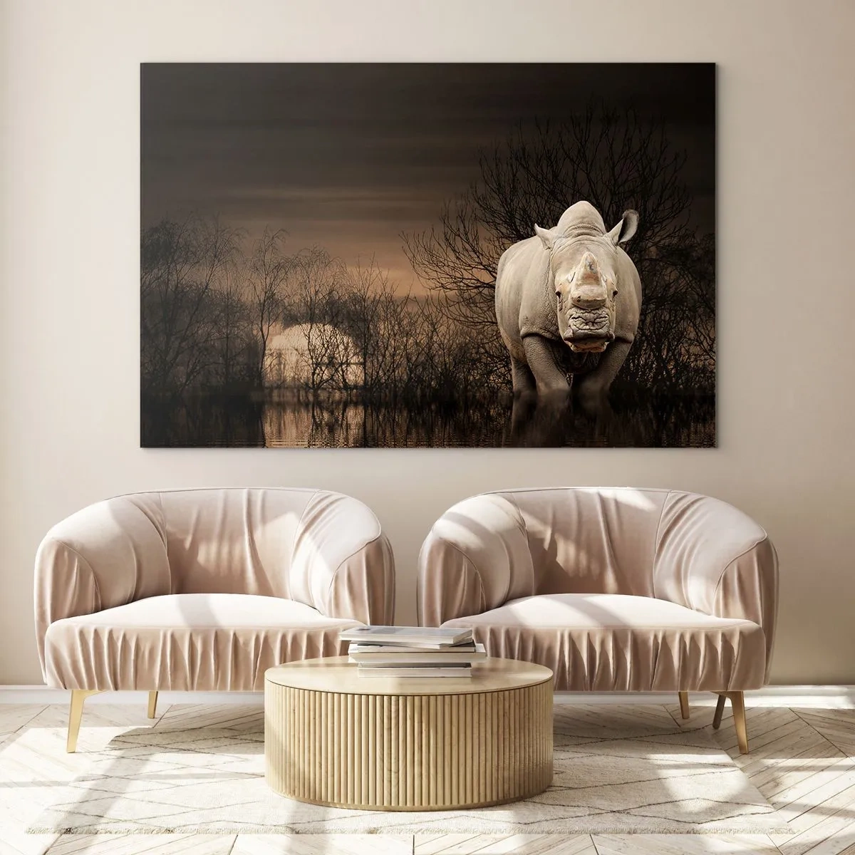 Quadro em vidro - Rinoceronte contra o pôr do sol - 70x50cm - Branco contra a natureza - Decoração de parede moderna para a sala de estar e quarto ARTTOR