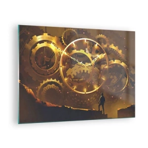 Quadro em vidro - Engrenagens steampunk douradas com retroiluminação contra uma silhueta humana - 70x50cm - Na origem do tempo - Decoração de parede moderna para a sala de estar e quarto ARTTOR