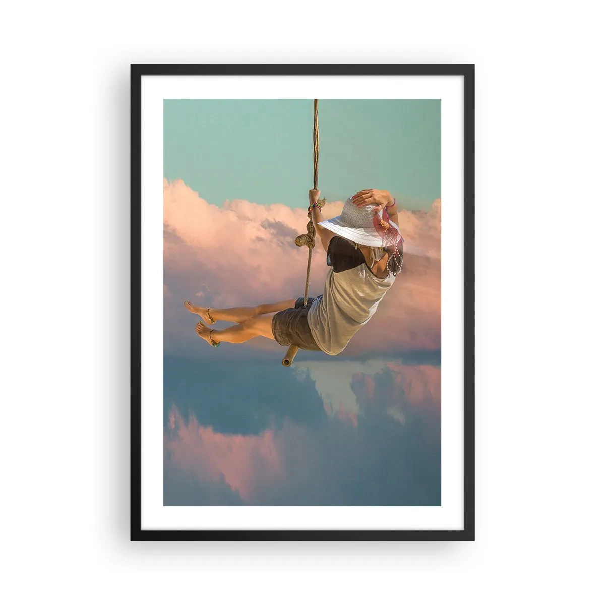 Pôster com moldura preta - Uma mulher em um balanço entre nuvens pastéis - 50x70cm - Diversão nas nuvens - Decoração de parede moderna para a sala de estar e quarto ARTTOR