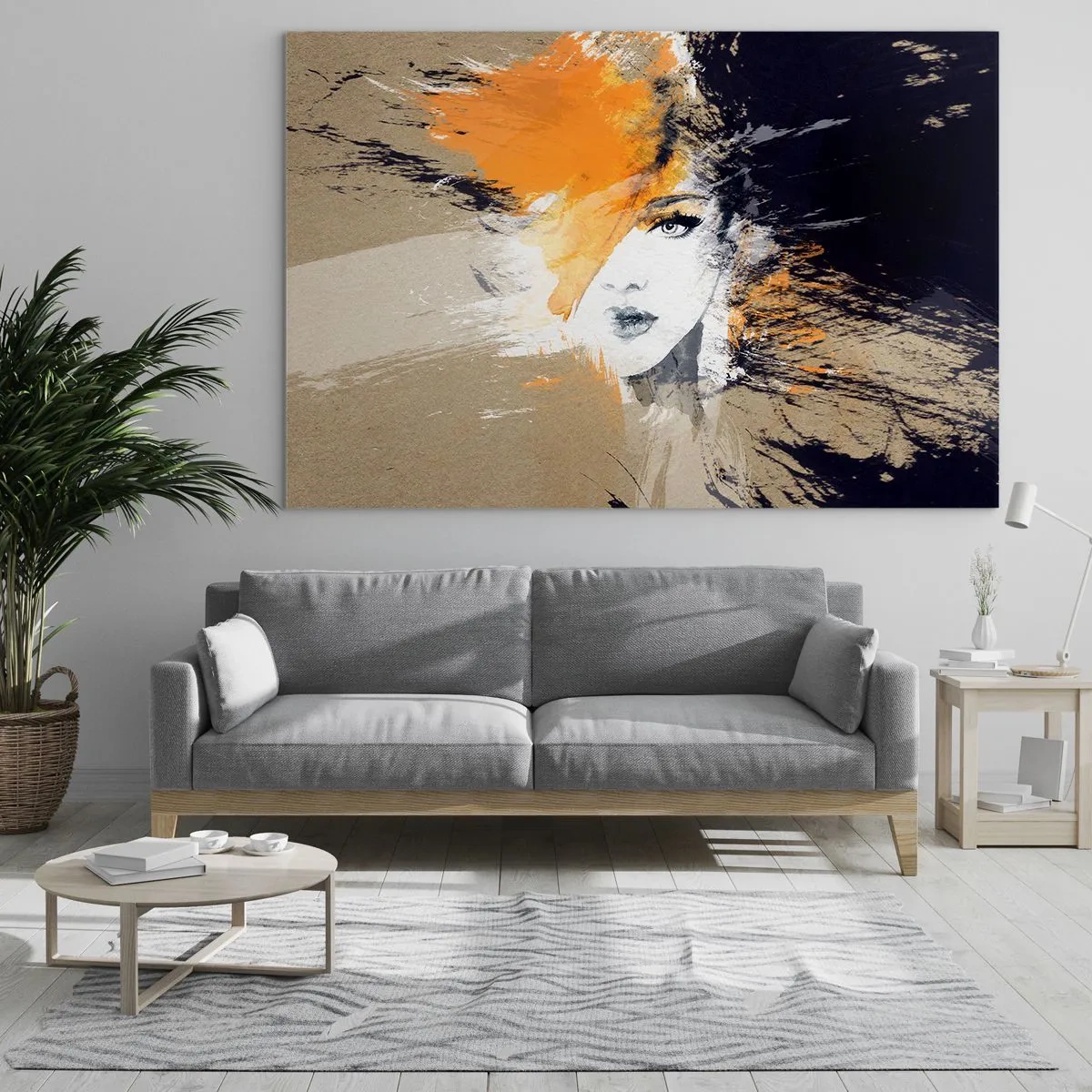 Quadro em vidro - Retrato abstrato de uma mulher com detalhes em laranja - 70x50cm - E fez-se a luz - Decoração de parede moderna para a sala de estar e quarto ARTTOR