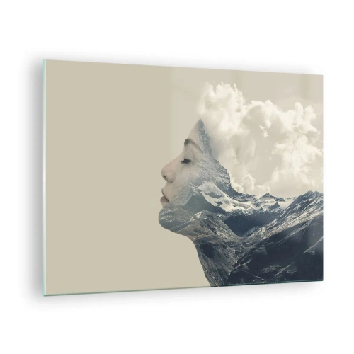 Quadro em vidro - Perfil de uma mulher com uma paisagem de montanhas e nuvens ao fundo. - 70x50cm - A beleza dos elementos da natureza - Decoração de parede moderna para a sala de estar e quarto ARTTOR