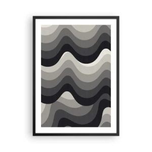 Pôster com moldura preta - Ondas geométricas em tons de preto e cinza - 50x70cm - Onda após onda - Decoração de parede moderna para a sala de estar e quarto ARTTOR