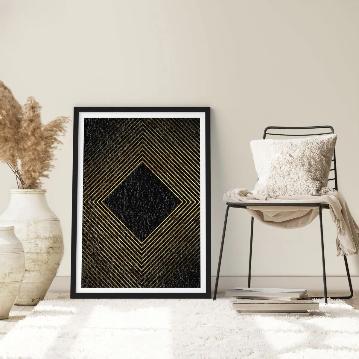 Pôster com moldura preta - Linhas geométricas douradas em um fundo preto - 50x70cm - Geometria em estilo glamoroso - Decoração de parede moderna para a sala de estar e quarto ARTTOR