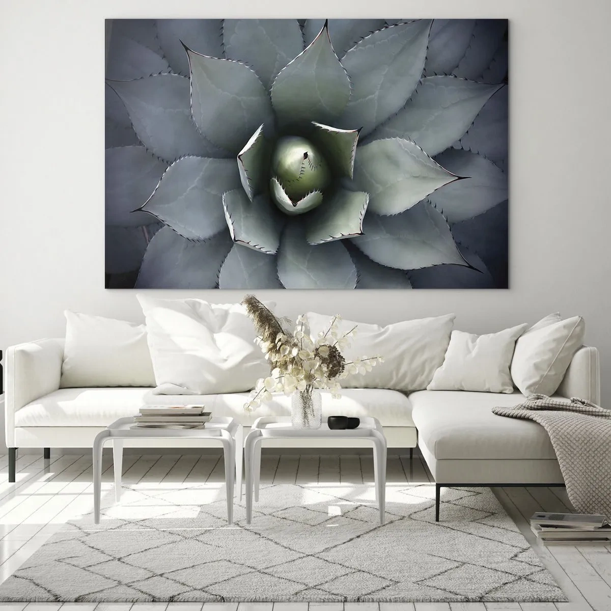 Quadro em vidro - Um close-up das folhas simétricas de agave, de cor aço. - 70x50cm - Atrai e adverte - Decoração de parede moderna para a sala de estar e quarto ARTTOR