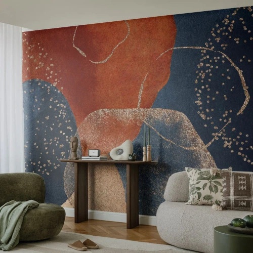 Papel de Parede Standard Eco - Manchas abstratas em azul marinho e cobre com um toque de dourado - 100x70cm - Leveza do ser - Decoração de parede moderna para a sala de estar e quarto ARTTOR