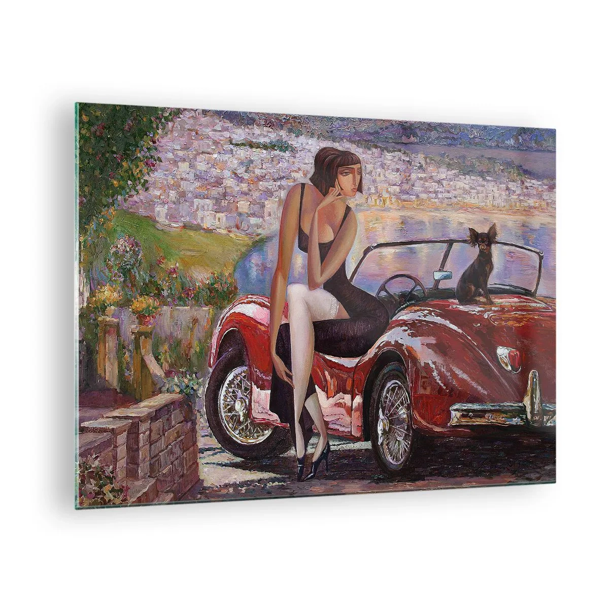 Quadro em vidro - Uma mulher e um cachorro perto de um carro vermelho com uma paisagem ao fundo. - 70x50cm - Verão? Apenas na Riviera - Decoração de parede moderna para a sala de estar e quarto ARTTOR