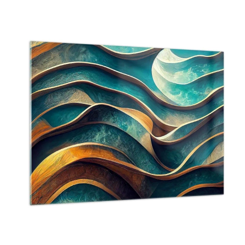 Quadro em vidro - Linhas dinâmicas em azul e cobre criando ondas - 70x50cm - Meandros de azul - Decoração de parede moderna para a sala de estar e quarto ARTTOR