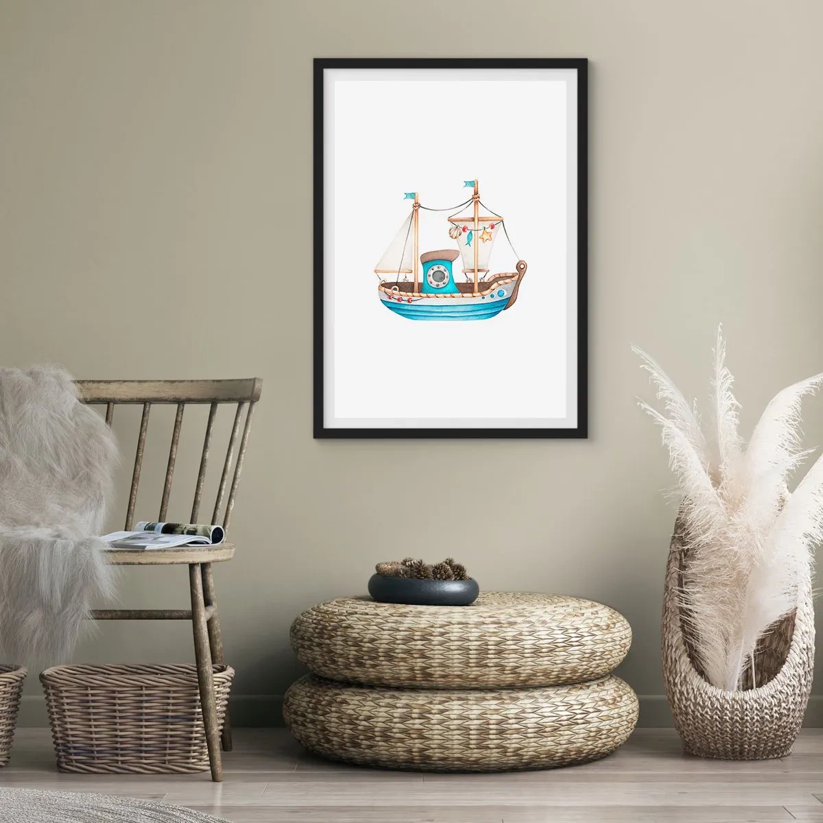 Pôster com moldura preta - Navio em aquarela em tons pastéis de azul e bege - 50x70cm - Vamos a isso! - Decoração de parede moderna para a sala de estar e quarto ARTTOR