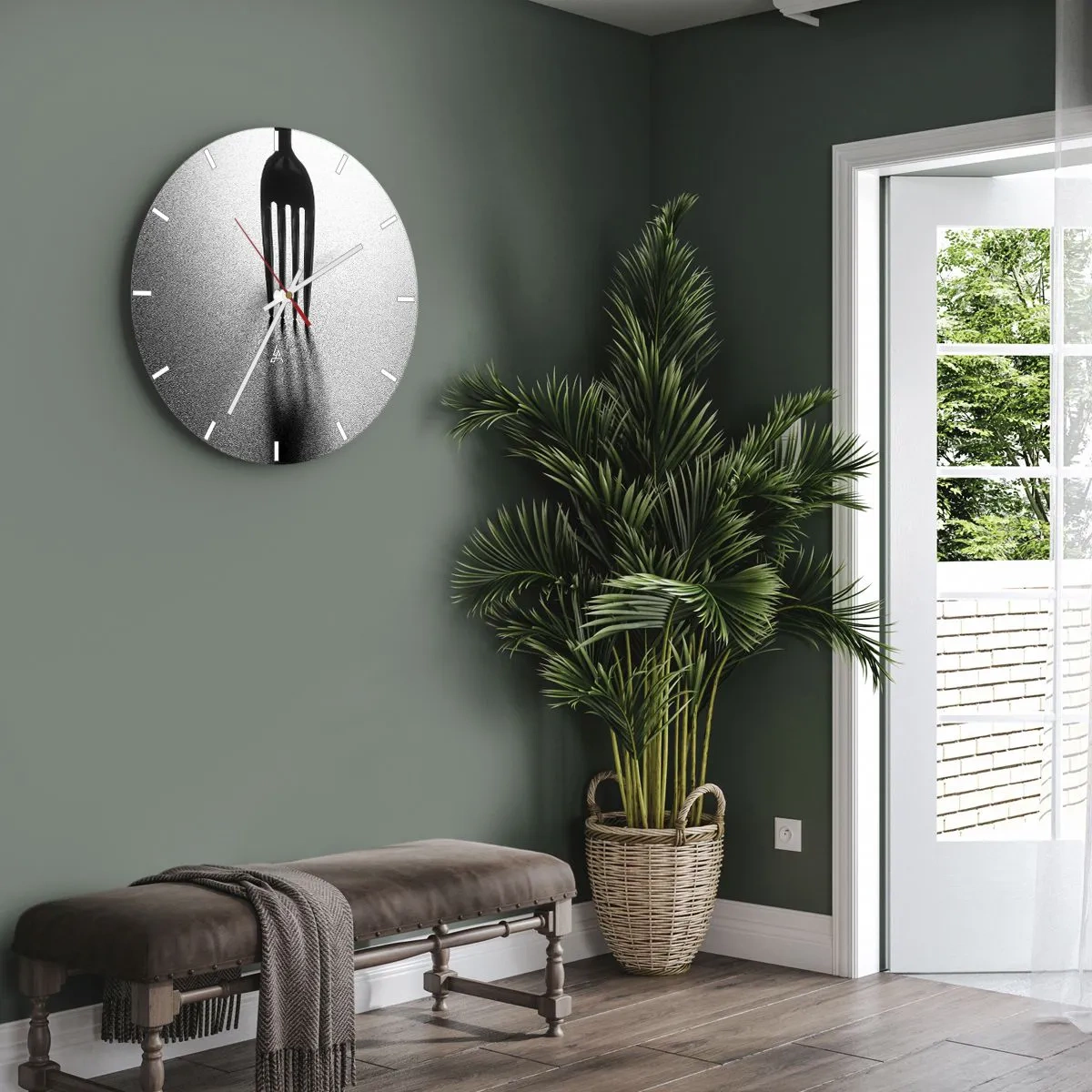 Relógio de parede - Relógio em vidro - Garfo preto sobre fundo prateado com sombra - 30x30cm - Luz e sombra - Decoração de parede moderna para a sala de estar, cozinha e quarto ARTTOR