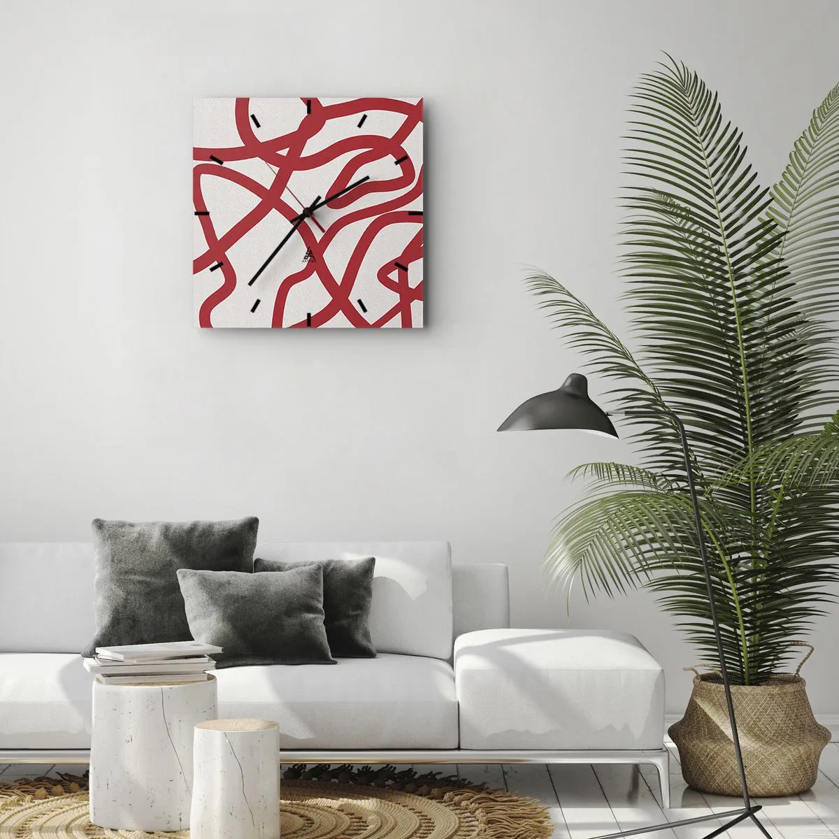 Relógio de parede - Relógio em vidro - Vermelho em branco - 30x30 cm