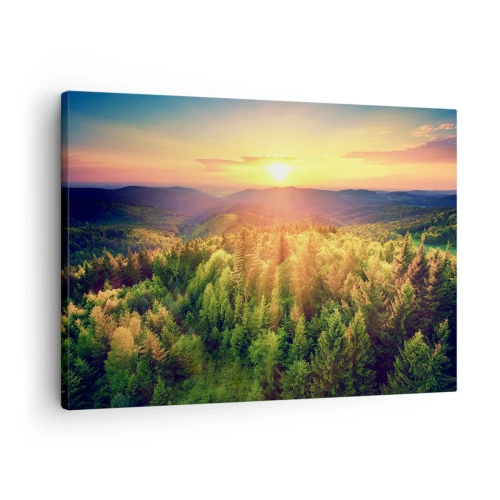 Quadro em tela - Paisagem florestal com pôr do sol sobre as colinas - 70x50cm - Picos e cumes - Decoração de parede moderna para a sala de estar e quarto ARTTOR