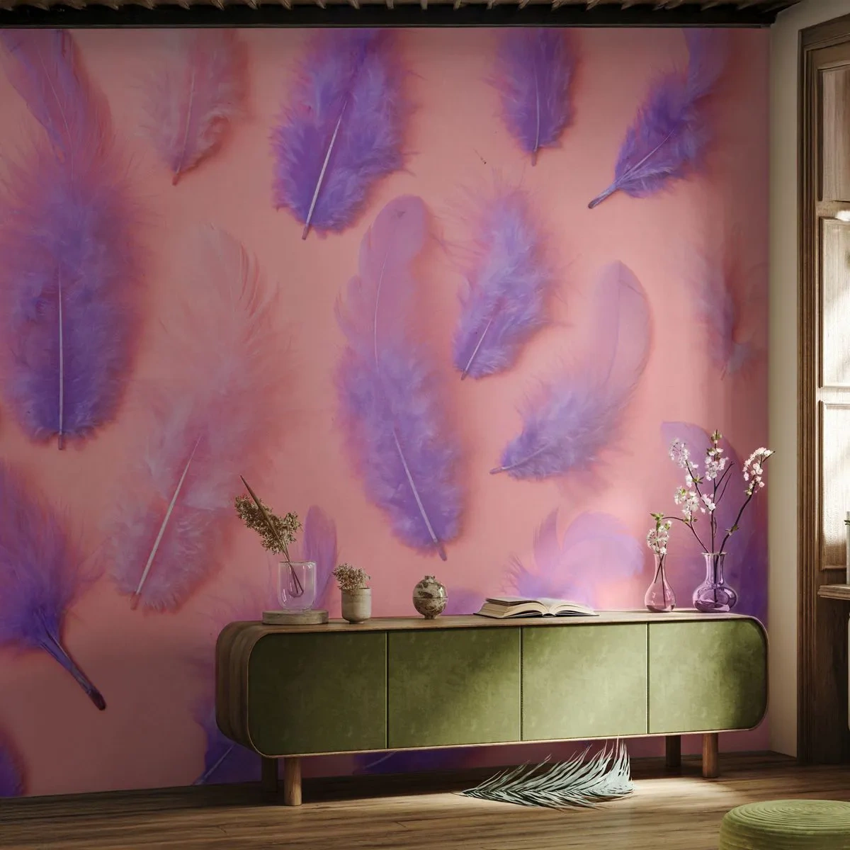 Papel de Parede Premium Canvas - Ave lilás do desejo - Pena de pássaro, Inspiração, Gráficos - 250x175 cm