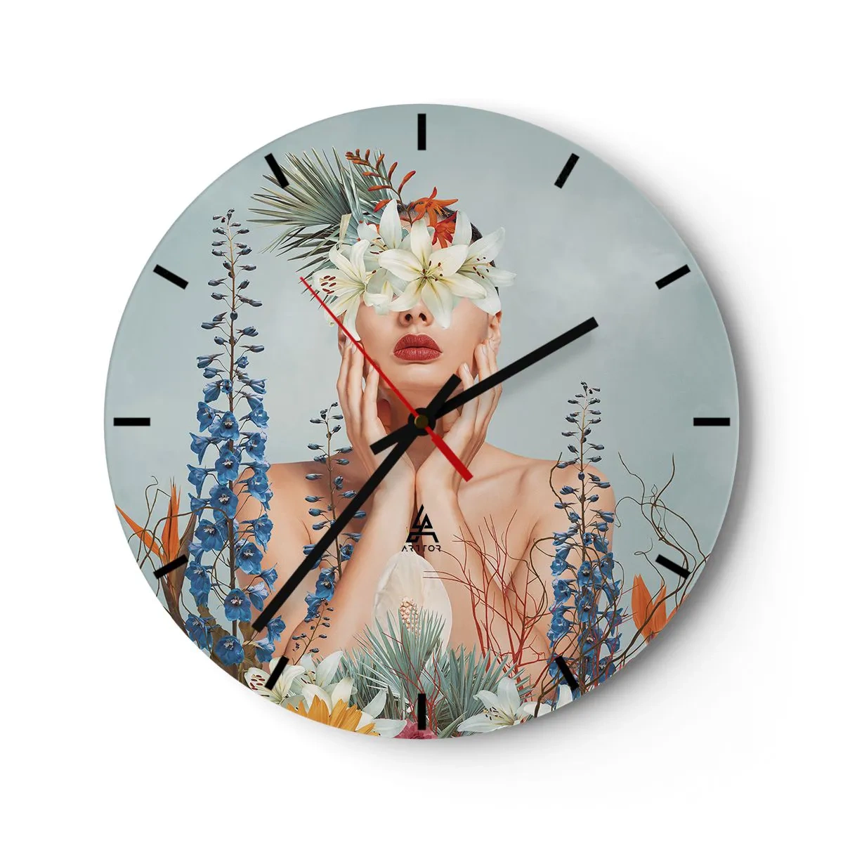 Relógio de parede - Relógio em vidro - Uma mulher com um buquê de flores exóticas cobrindo os olhos. - 30x30cm - Mulher – flor - Decoração de parede moderna para a sala de estar, cozinha e quarto ARTTOR