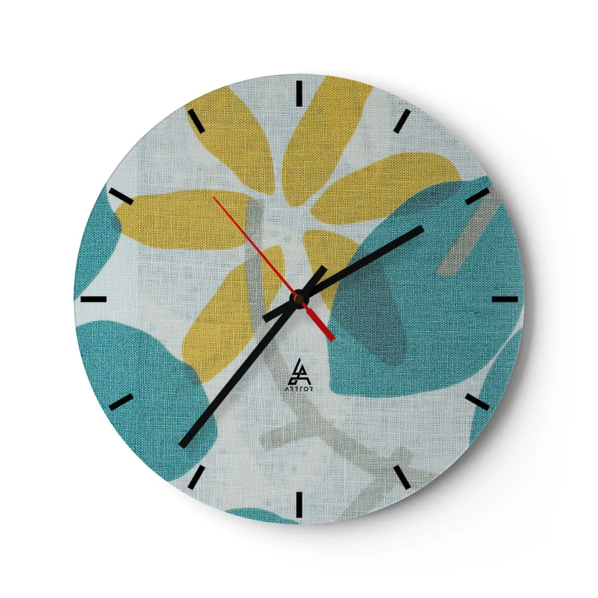Relógio de parede - Relógio em vidro - Folhas amarelas e turquesas sobre fundo claro com textura de linho - 30x30cm - Entre as folhas azuis - Decoração de parede moderna para a sala de estar, cozinha e quarto ARTTOR