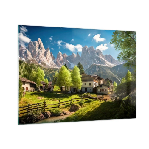 Quadro em vidro - Desenvolvimento rural em meio à vegetação ao pé dos picos alpinos - 70x50cm - Idílio alpino - Decoração de parede moderna para a sala de estar e quarto ARTTOR
