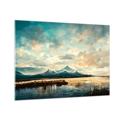 Quadro em vidro - Paisagem de inverno com montanhas e um lago congelado - 70x50cm - Sob a proteção do céu - Decoração de parede moderna para a sala de estar e quarto ARTTOR