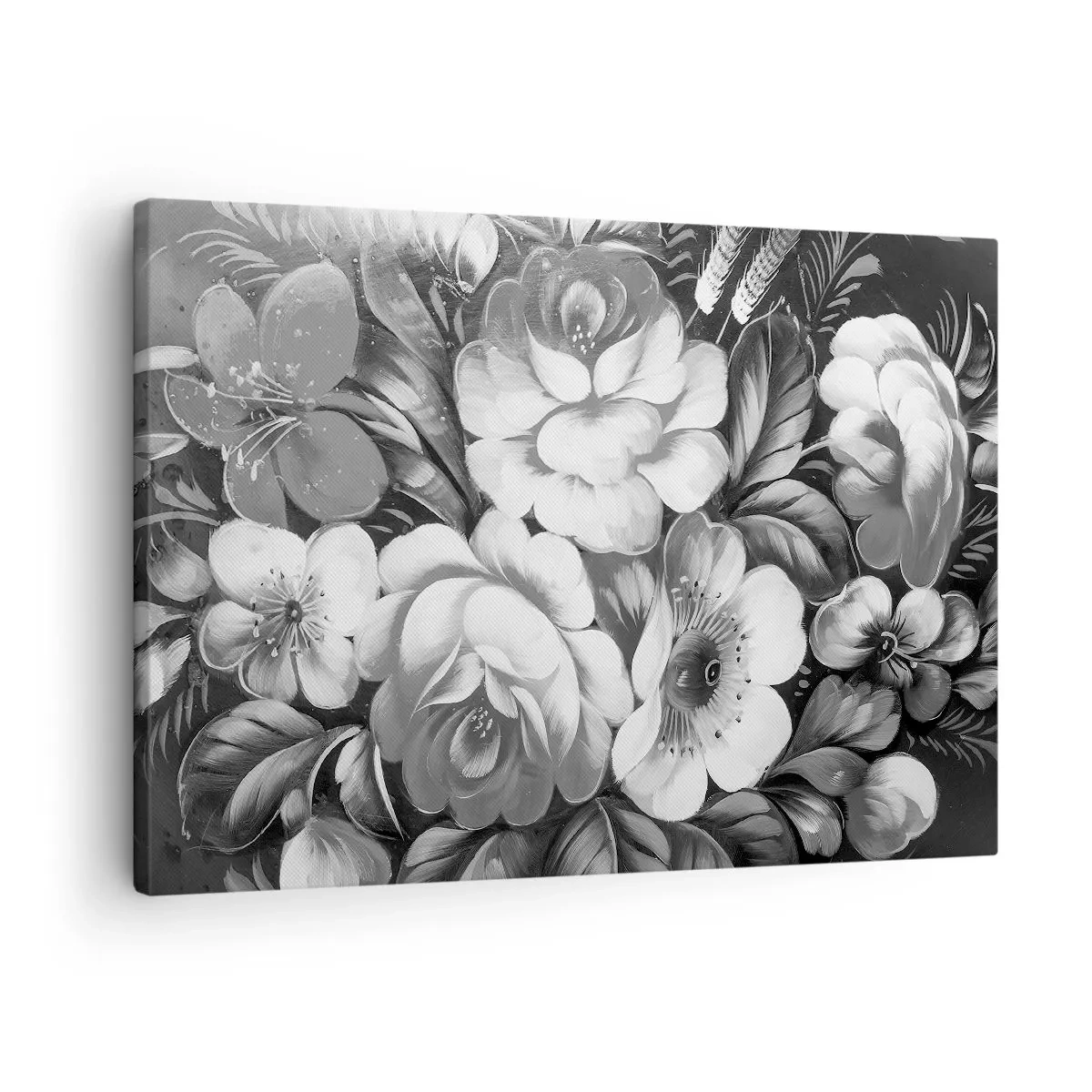Quadro em tela - Flores pretas e brancas em uma composição clássica e elegante - 70x50cm - A beleza em cinza - Decoração de parede moderna para a sala de estar e quarto ARTTOR